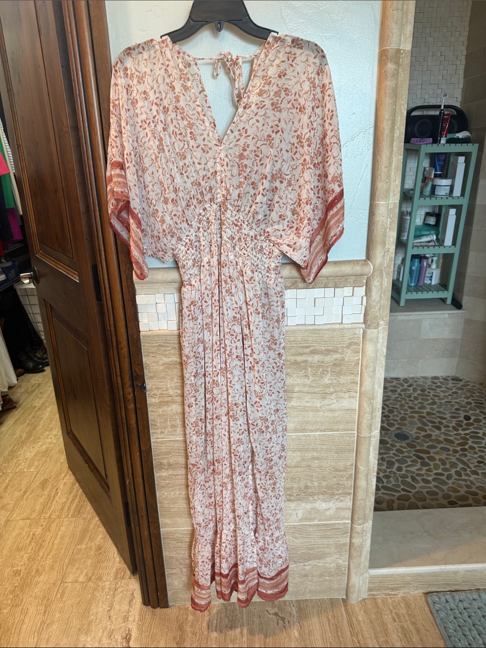 Lovestitch Sheer Floral Tie-Neck Dress in Blush and Rust with Gold Detail